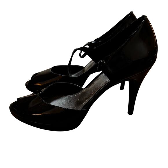 Ann Taylor dark brown/black patent leather platform high heel peep toe shoes 8M - Picture 8 of 11